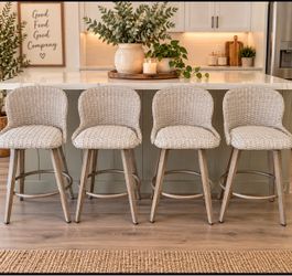 Set of 4 Woven Rattan Counter Height Bar Stools – Farmhouse Coastal