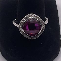 Sterling Silver Rubelite & Cubic Zirconia Size 10 Ring
