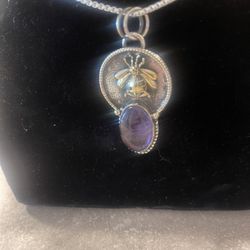Genuine Amethyst Stone Hand Crafted in Sterling Silver Bee Pendant w Chain 