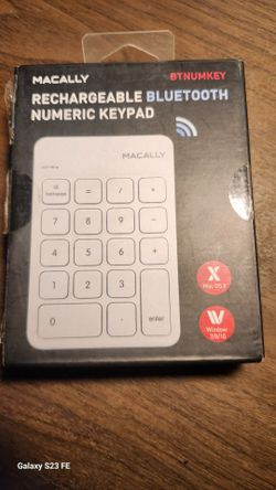 Macally Bluetooth Rechargeable Numeric Keypad features an 18-key layout with a white finish and quiet scissor-switch keys
