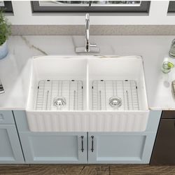 New 33 White Farm Sink Double Bowl - Fulorni 33"×20" Apron Front Farmhouse Sink Reversible Double