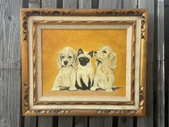 Vintage Late Mid Century Framed Siamese Kitten and Cocker Spaniel Puppy Themed Oil Painting