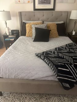 Gray Upholstered Queen Bed Frame with Tufted Headboard