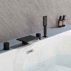 Waterfall Bathtub Faucet Set with Hand Shower, 9 Inch Matte Black Deck Mount Roman Tub Filler Faucet