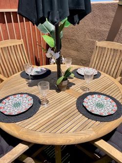 Patio Table Set Teak outdoor dining furniture with umbrella and cushions