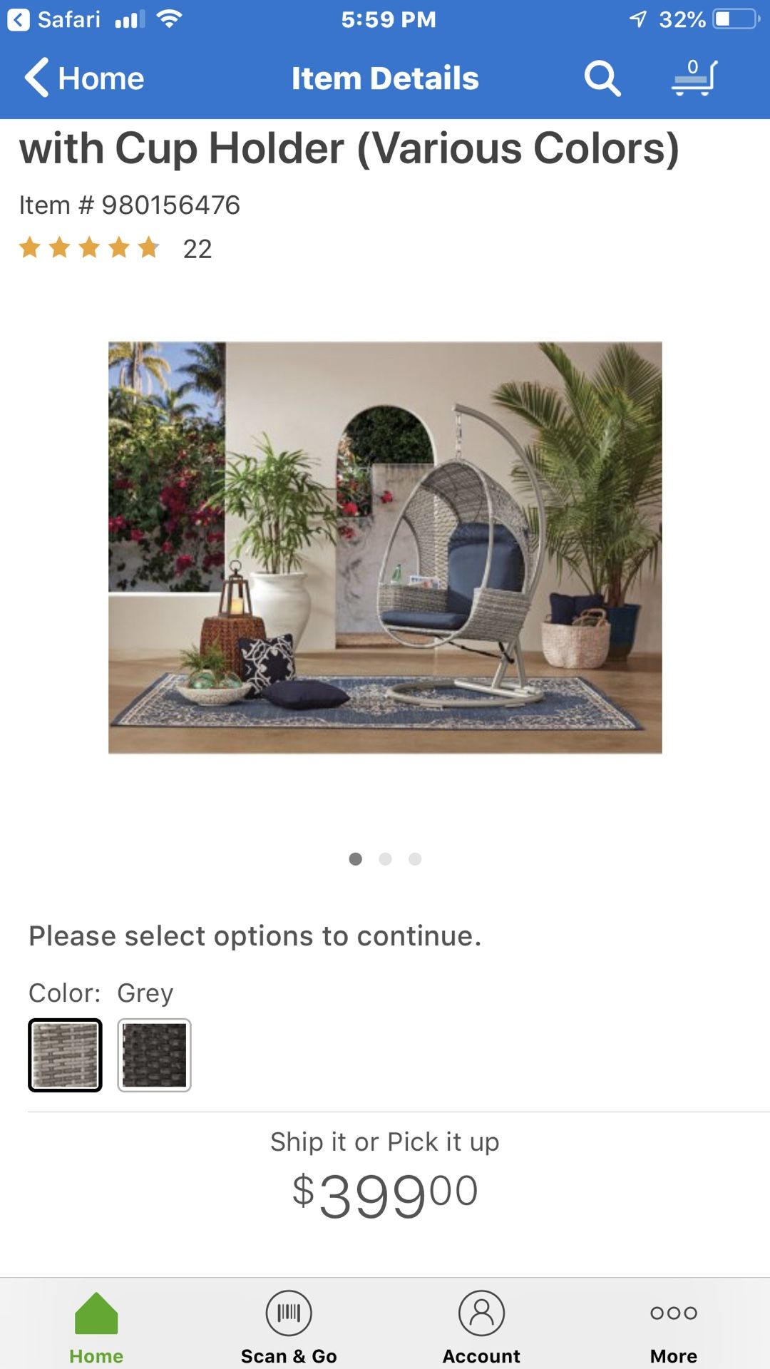 Member's mark grey woven egg chair with cup holder outlet