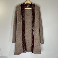 J. Jill Small Brown Merino Wool Silk Velvet Trim Duster Knit Cardigan Sweater Women’s 