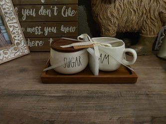 Rae Dunn Sugar and Creamer Set with Wooden Tray