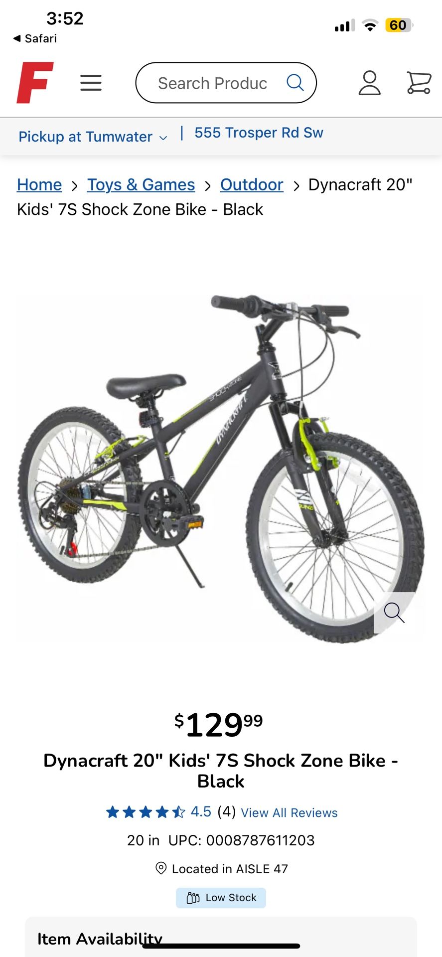 Dynacraft 20" Kids' 7S Shock Zone Bike - Black