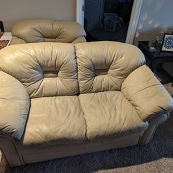 Beige Leather Loveseat And Armchair 