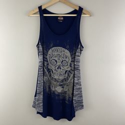 HARLEY DAVIDSON Navy Blue Grey Sugar Skull Rhinestone Heavy Knit Drape Tank Top