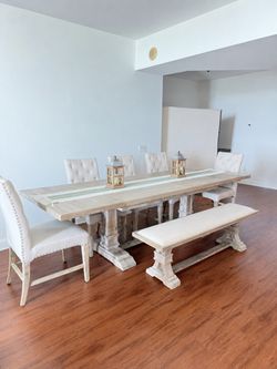 Solid Wood Extendable Dining Set – 5 Chairs + Bench – Seats 12+