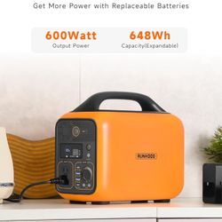 Brand new Runhood Portable Power Station Rallye 600, 648Wh Hot Swappable&Replacebale Battery, Full Power in Seconds, 2X600W(Peak 1200) Pure Sine Wave 