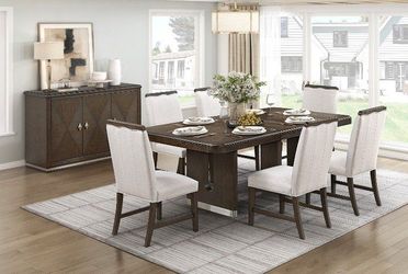 Elegant dining set finished in a beautiful wire-brushed brown w/extension leaf