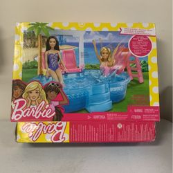 Barbie Pool& Slide Includes Pool Water Slide 2 Chair 2 Smoothies Etc. With Barbie Doll 11”