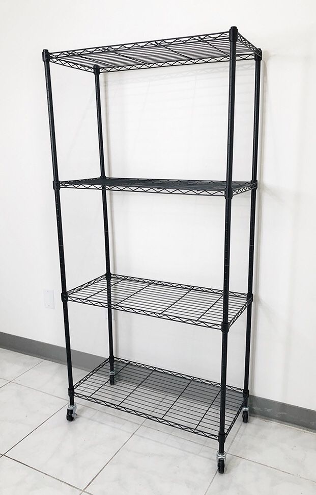 New $50 Metal 4-Shelf Shelving Storage Unit Wire Organizer Rack Adjustable w/ Wheel Casters 30x14x61”