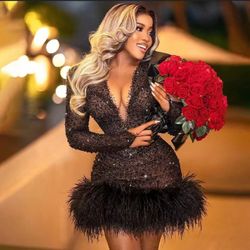 Sparkle Black Short Party Dresses Women Sexy Sheer Neck Long Sleeve Illusion Feathers Beads Mini Arabia