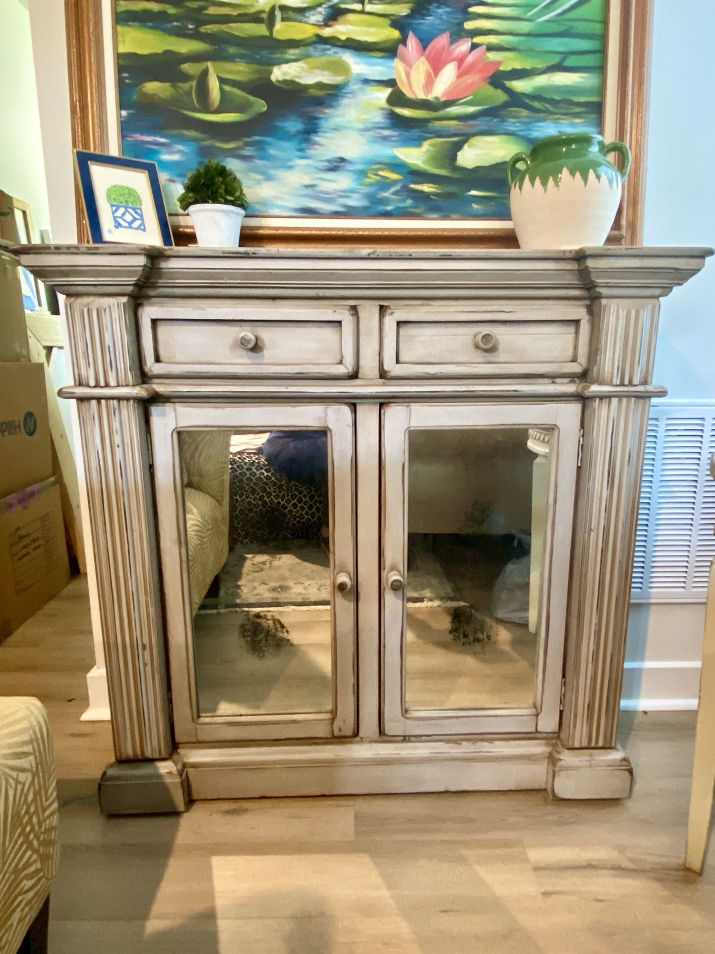Gray distressed wood cabinet/console - smoked glass