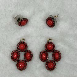 Stella & Dot Red Statement Drop Dangle Earrings Gold Tone Cabochon