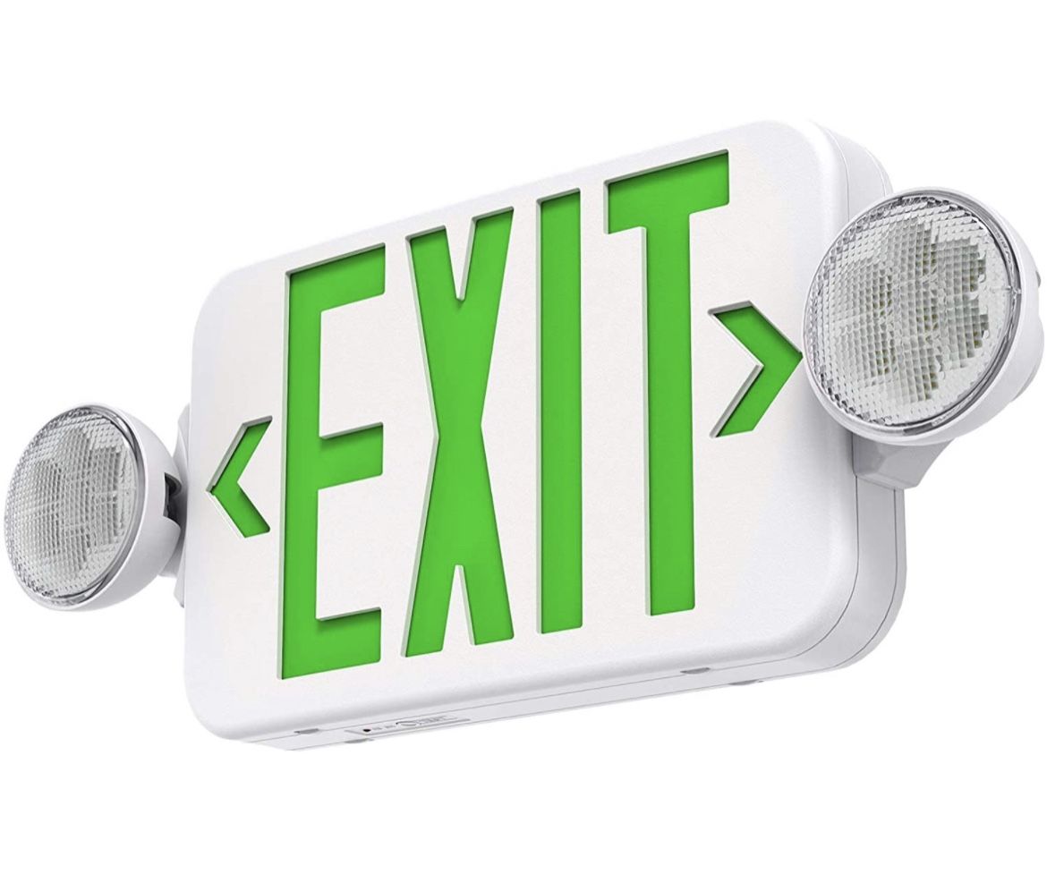 Green Led Exit Sign Emergency Light Combo Adjustable Two Head, Double Sided and Battery Backup Exit Light, Contractor Select, AC 120/277V (1 Pack)