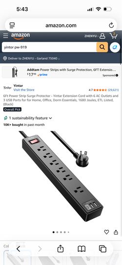 6Ft Power Strip Surge Protector - Yintar Extension Cord with 6 AC Outlets and 3 USB Ports for for Home, Office, Dorm Essentials, 1680 Joules, ETL List