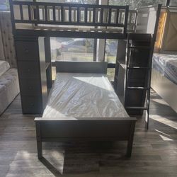 Twin loft bunk bed with desk & drawers. Available in grey & white. Assembly required.  Assembly not included.  Tax included.  Free local delivery. 

$