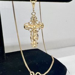 ✝️ 14k Yellow Gold Crucifix Pendant/Cuban Link Necklace 