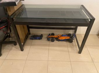 Dark Wood Desk with Glass Top & Built-In Compartment Drawer