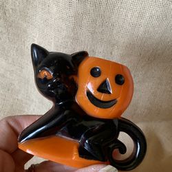VINTAGE HALLOWEEN CAT WITH JOL HARD PLASTIC CANDY CONTAINER- ROSBRO MID CENTURY 
