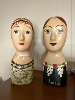 Vintage Hand Painted Wooden Millinery Hat Stands - Pair