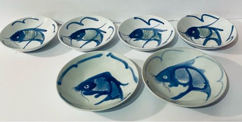 Vintage Chinese Blue White Koi Carp Fish Bowls Set of 6 Hand Painted PRC 5" 6"