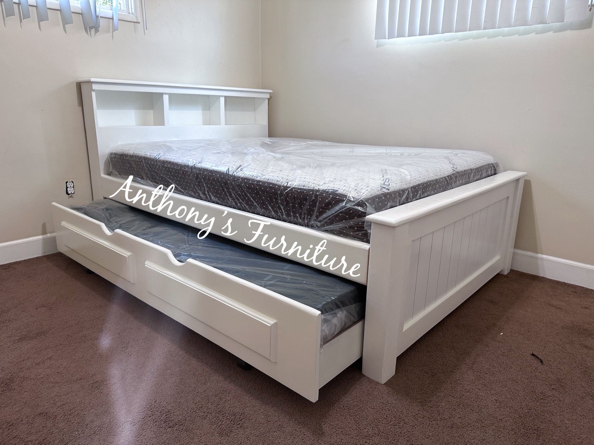 Solid Wood White Full Size Bed & Twin Trundle + 2 Mattresses 