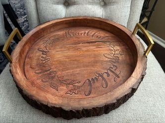Round Wood Live Edge Serving Tray with Gold Handles