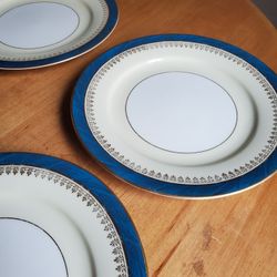 Vintage Noritake 668 Gold Rim Dessert Plates, Set of 6, Wheat Motif, Blue, White