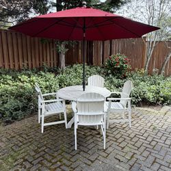 Patio Table Set with 4 Adirondack Chairs + Red Umbrella