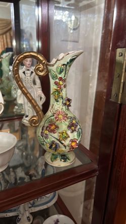 Ceramic Floral Pitcher with Gold Handle