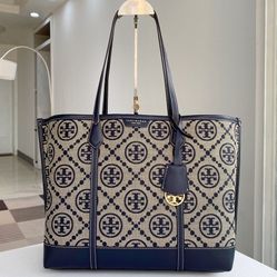 New Tory Burch Perry Monogram Jacquard Triple Compartment Tote In Navy