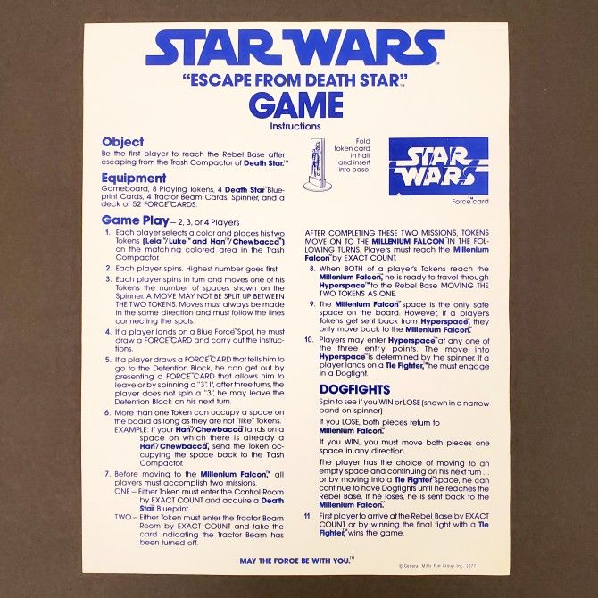 1977 Vintage STAR WARS Escape From Death Star Board Game INSTRUCTIONS Kenner

