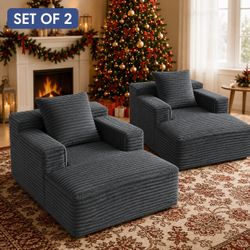 Set of 2 Oversized Floor Sofa Lounge Chairs | Grey Corduroy | No Assembly Required