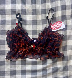 Parade Womens Small Leopard Print Silky Mesh Flutter Longline Bralette with mini red roses