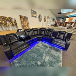 Black Power Reclining Sectional Sofa | LED Lighting & Luxury Comfort