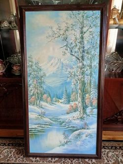 Gorgeous Winter Scene Cabin Near Frozen Lake Painting Framed 27" x 52"