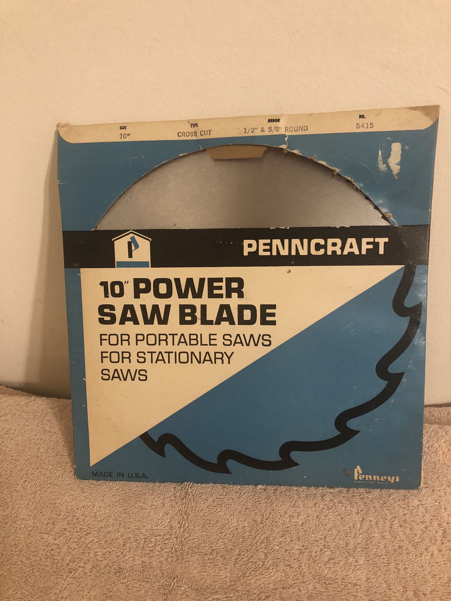 Vintage JC Penney Penncraft 10” Cross Cut Power Saw Blade 1/2” & 5/8” Arbor NIP
