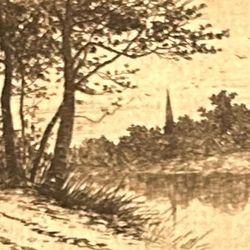 Asian Art Nature Drawing  Of Pond & Trees