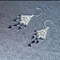 Silver Hooks, Blue Glass Beads, Chandelier Style  Earrings
