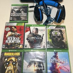 XBOX ONE + GAMES + CHARGER + HEADPHONES