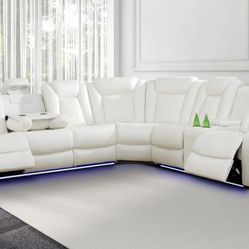 Power Electric White Leather Fully Reclining Sectional Couch 