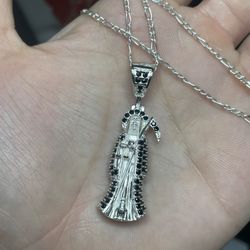 Santa Muerte Pendant w/ 20” Figaro Chain – 925 Sterling Silver & Black CZ 
