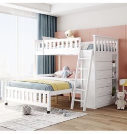 Twin Over Full Bunk Bed with 6 Storage Drawers and 3 Shelves