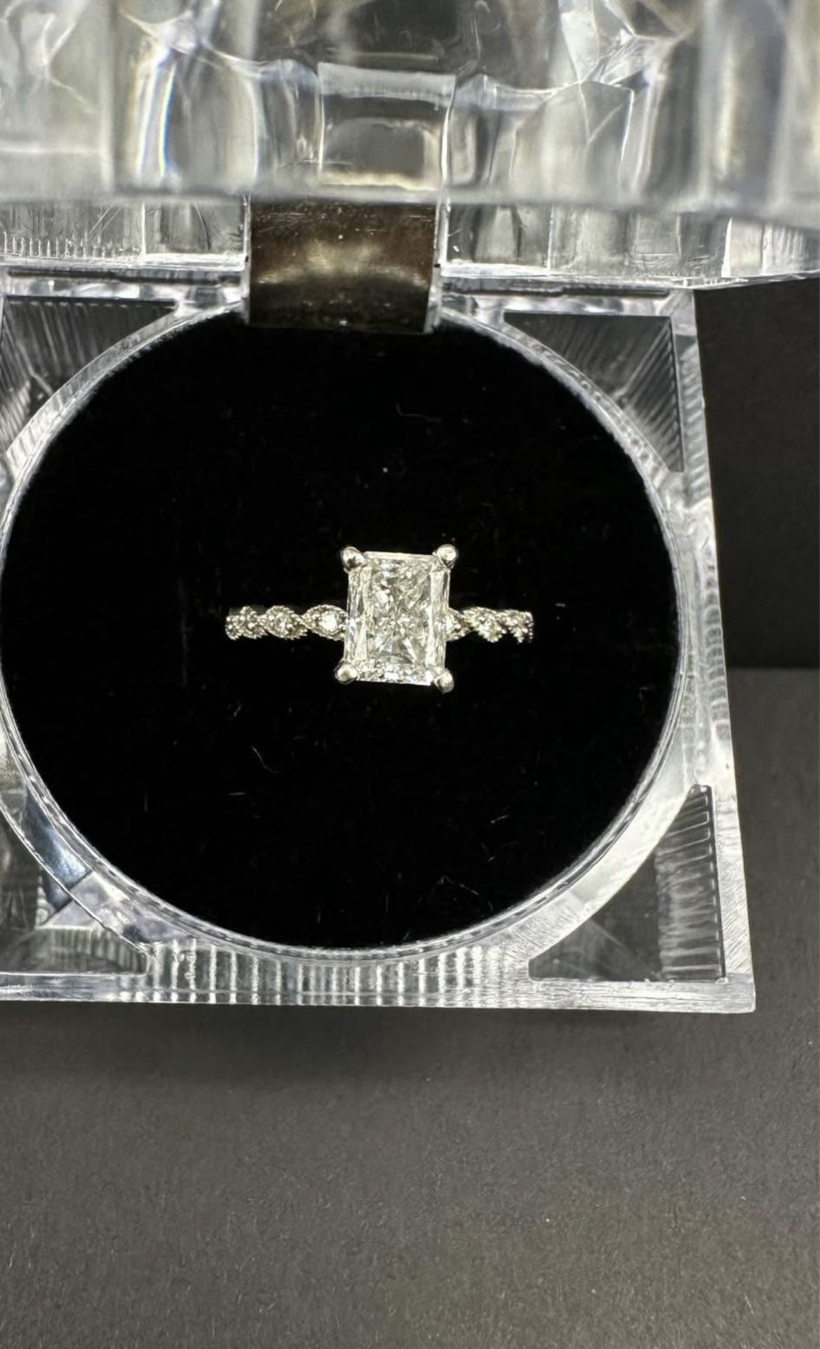 1.18k radiant cut diamond engagement ring placed in 14k White gold
